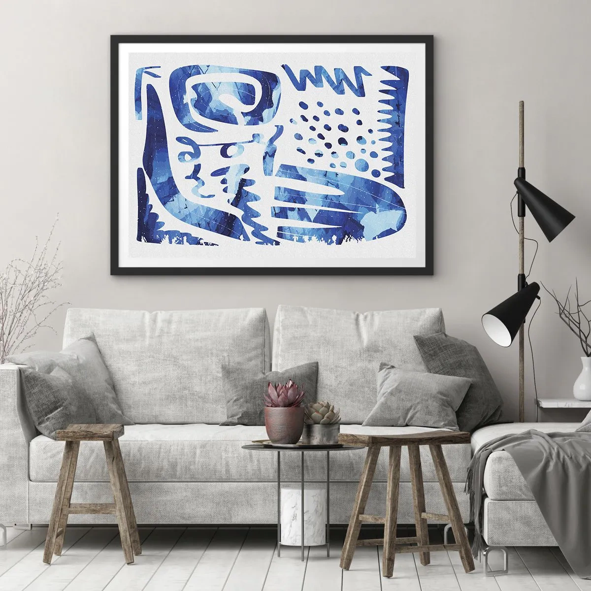 Poster in einem schwarzem Rahmen - Abstraktes Muster in Blautönen - 100x70cm - Zurück zu den Wurzeln - Moderne Wanddekoration für Wohnzimmer und Schlafzimmer ARTTOR