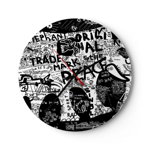 Wanduhr - Glasuhr - Künstlerisches Graffiti-Motiv in Schwarz-Weiß - 30x30cm - Reiche Straßenwelt - Moderne Wanddekoration für Wohnzimmer, Küche und Schlafzimmer ARTTOR