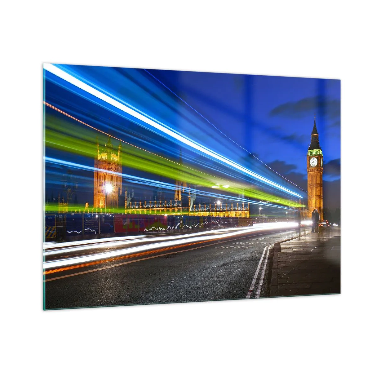 Glasbild - Bild auf glas - Big Ben bei Nacht mit verschwommenen Autolichtern - 100x70cm - Unter den wachsamen Augen von Big Ben - Moderne Wanddekoration für Wohnzimmer und Schlafzimmer ARTTOR
