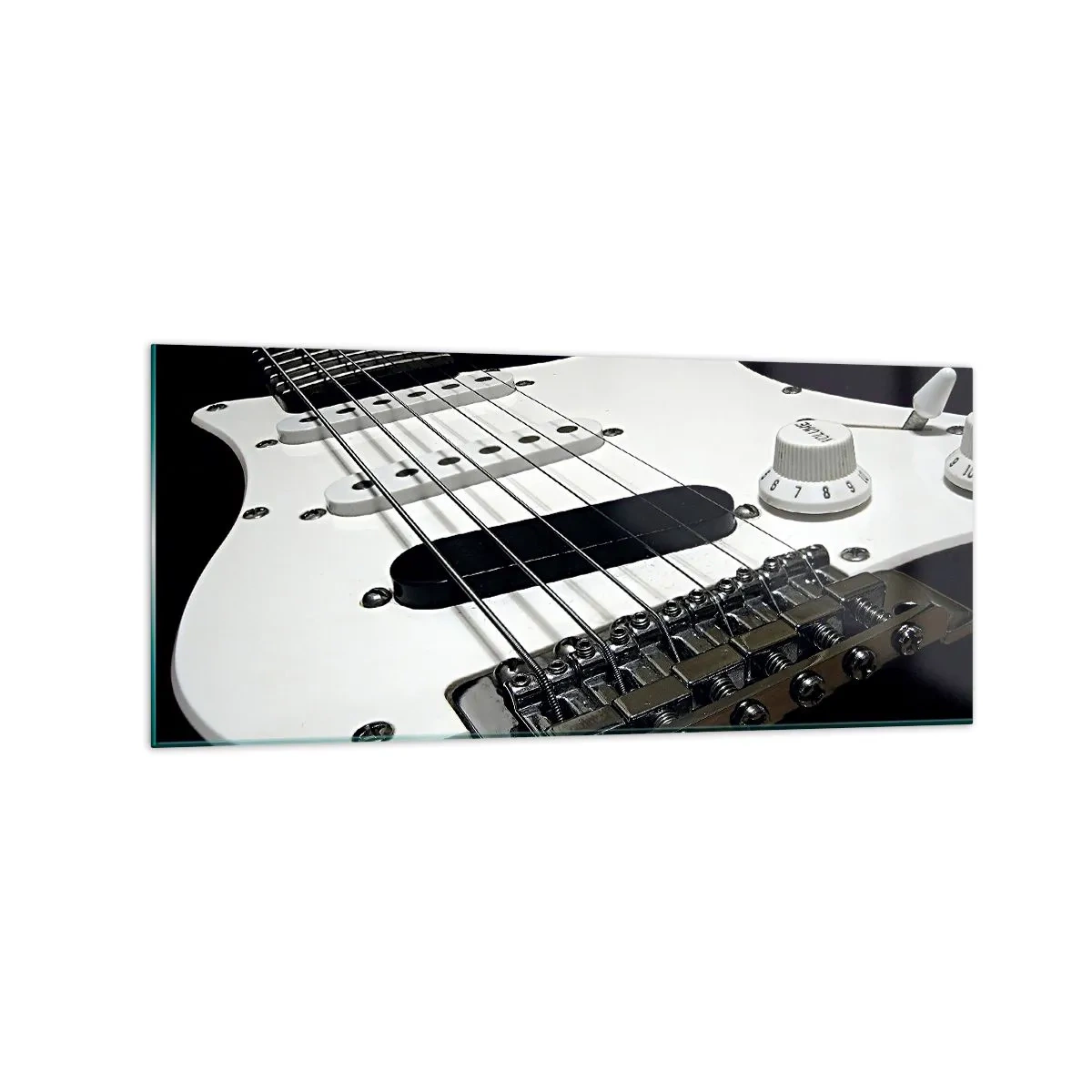 Glasbild - Bild auf glas - Nahaufnahme einer weißen E-Gitarre auf schwarzem Hintergrund. - 120x50cm - In Weiß versteckter Ton - Moderne Wanddekoration für Wohnzimmer und Schlafzimmer ARTTOR
