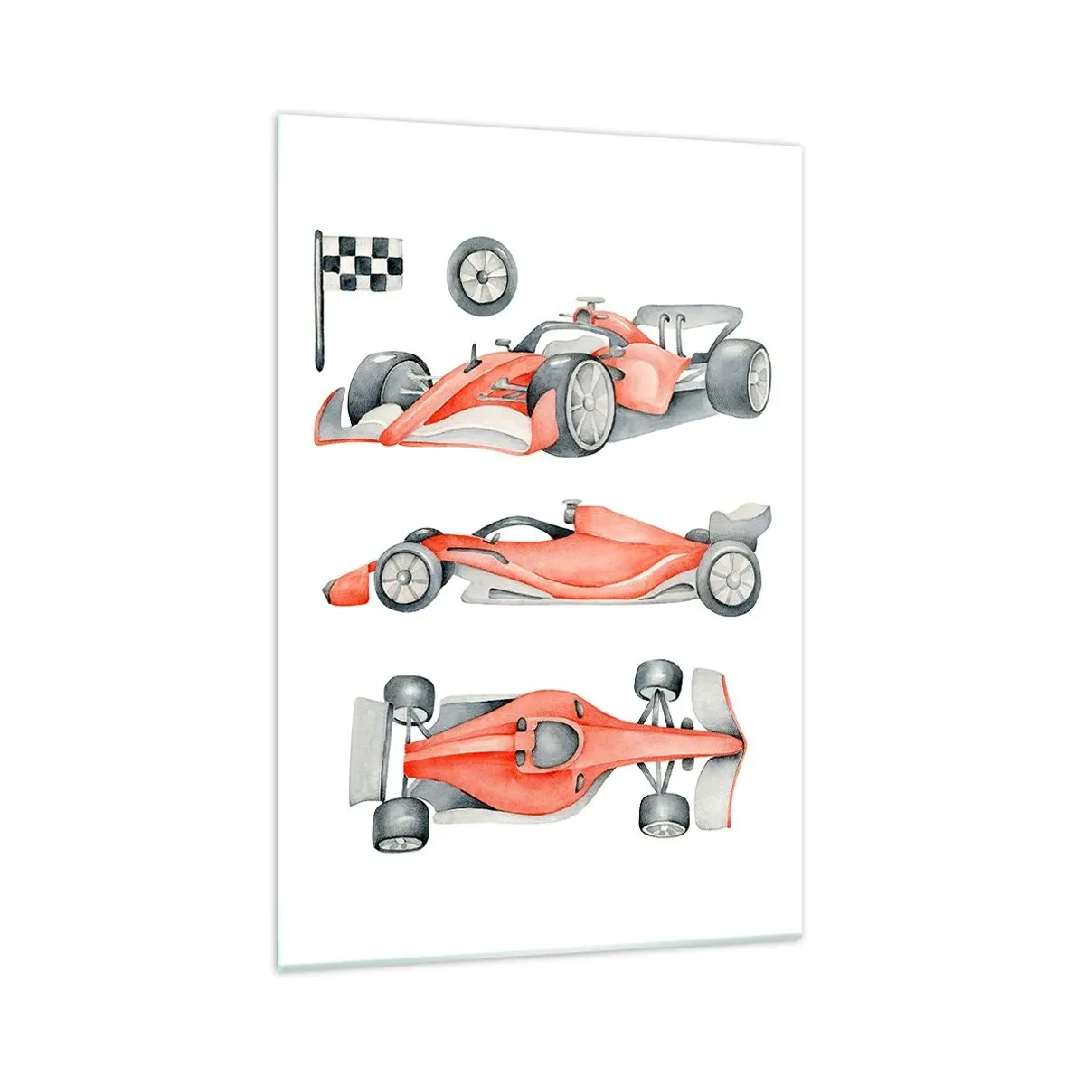 Glasbild - Bild auf glas - Ein roter Rennwagen mit einer Zielflagge - 70x100cm - Dem Traum folgen - Moderne Wanddekoration für Wohnzimmer und Schlafzimmer ARTTOR