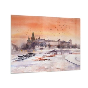 Glasbild - Bild auf glas - Sonnenuntergang über dem königlichen Schloss und dem Fluss im Winter - 70x50cm - Königlicher Sonnenuntergang - Moderne Wanddekoration für Wohnzimmer und Schlafzimmer ARTTOR