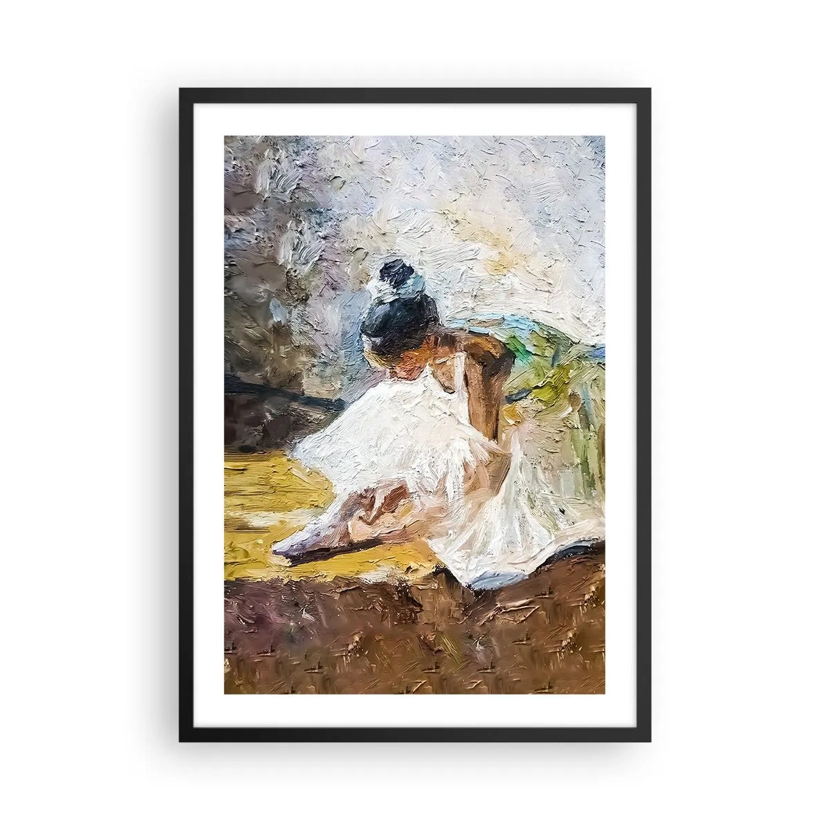 Poster in einem schwarzem Rahmen - Eine Ballerina in einem weißen Kleid lehnt vor einer malerischen Kulisse. - 50x70cm - Aus einem Gemälde von Degas - Moderne Wanddekoration für Wohnzimmer und Schlafzimmer ARTTOR