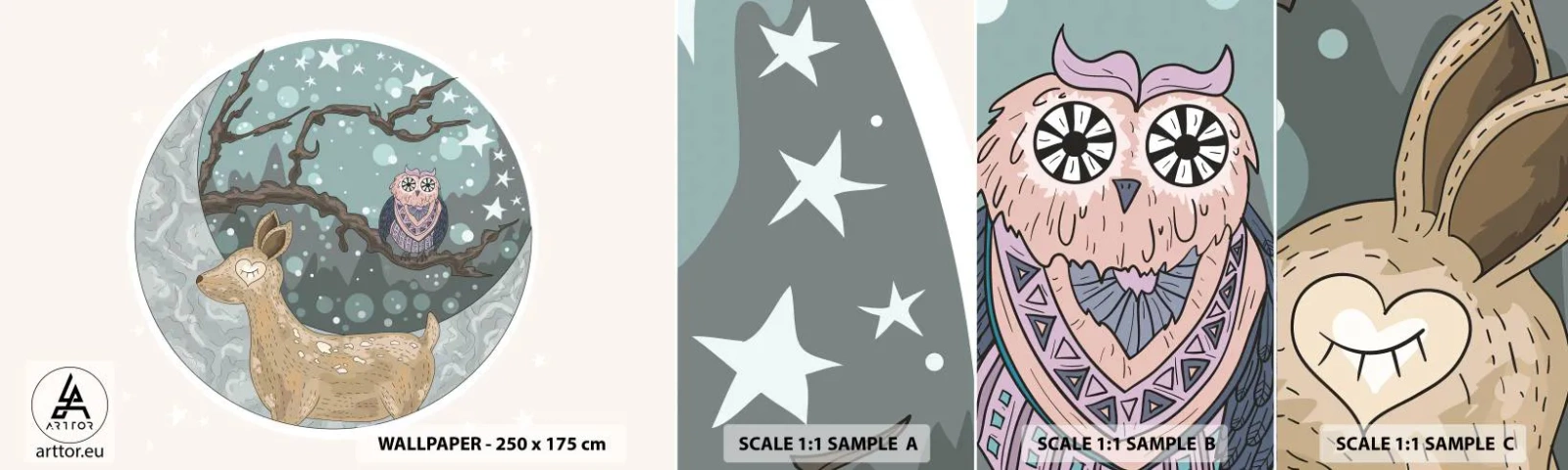 Fototapetenmuster Standard Eco - Eine märchenhafte Waldnacht - Für Kinder, Grafik, Sterne - 100x30 cm