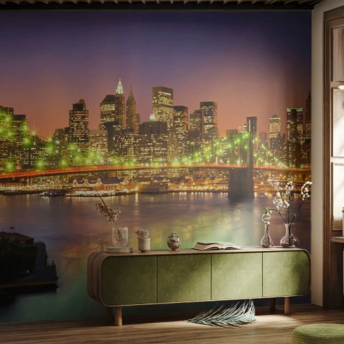 Fototapete Standard Eco - Beleuchtete Brücke und Stadtpanorama in der Abenddämmerung - 100x70cm - Hier geht das Licht nie aus - Moderne Wanddekoration für Wohnzimmer und Schlafzimmer ARTTOR