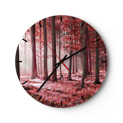 Wanduhr - Glasuhr - Ein malerischer Wald in Rottönen im Morgenlicht - 30x30cm - Rot ist genauso schön - Moderne Wanddekoration für Wohnzimmer, Küche und Schlafzimmer ARTTOR