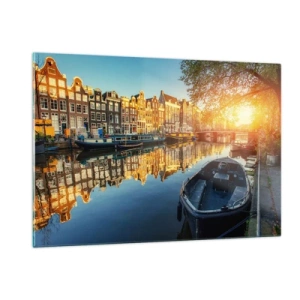 Glasbild - Bild auf glas - Amsterdamer Kanal bei Sonnenuntergang - 120x80cm - Morgen in Amsterdam - Moderne Wanddekoration für Wohnzimmer und Schlafzimmer ARTTOR