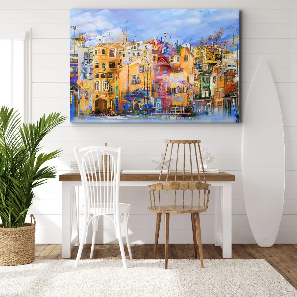 Bild auf Leinwand - Leinwandbild - Farbenfrohe Stadtgebäude im künstlerischen Stil - 70x50cm - Wir sind zusammen - Moderne Wanddekoration für Wohnzimmer und Schlafzimmer ARTTOR