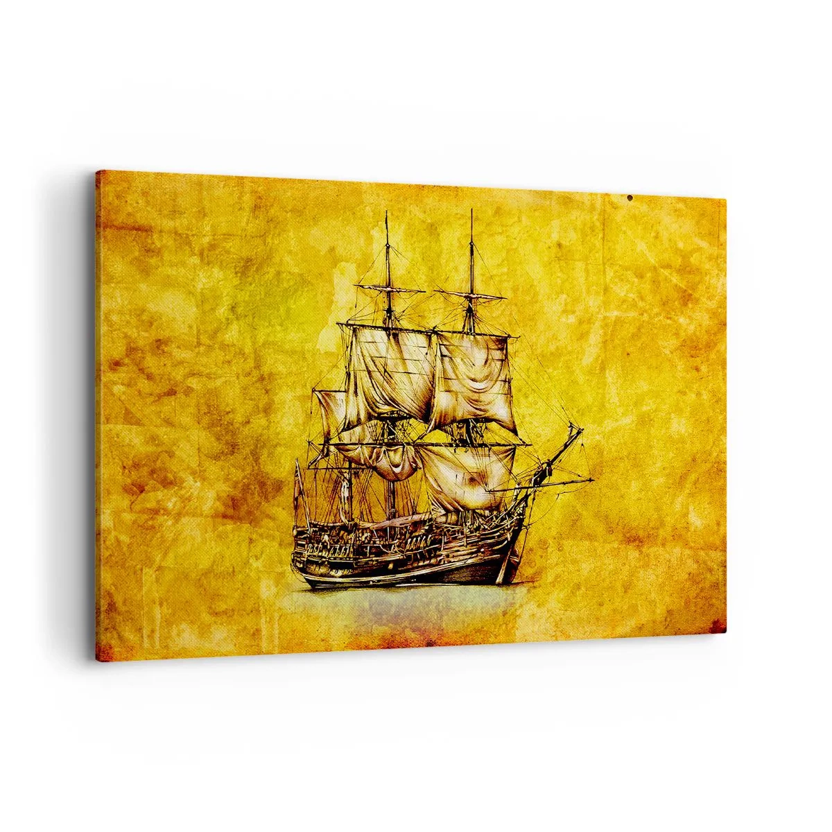 Bild auf Leinwand - Leinwandbild - Eine stilisierte Zeichnung eines Segelschiffs auf goldenem Hintergrund mit Vintage-Feeling. - 100x70cm - Richtung Tortuga! - Moderne Wanddekoration für Wohnzimmer und Schlafzimmer ARTTOR