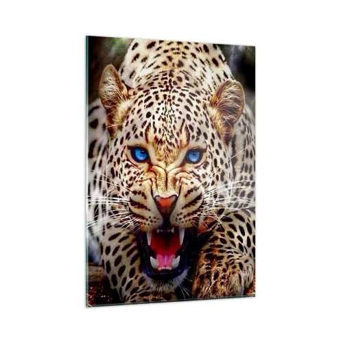 Glasbild - Bild auf glas - Ein wilder blauäugiger Leopard in freier Wildbahn - 50x70cm - Schönheitswut tut nicht weh - Moderne Wanddekoration für Wohnzimmer und Schlafzimmer ARTTOR
