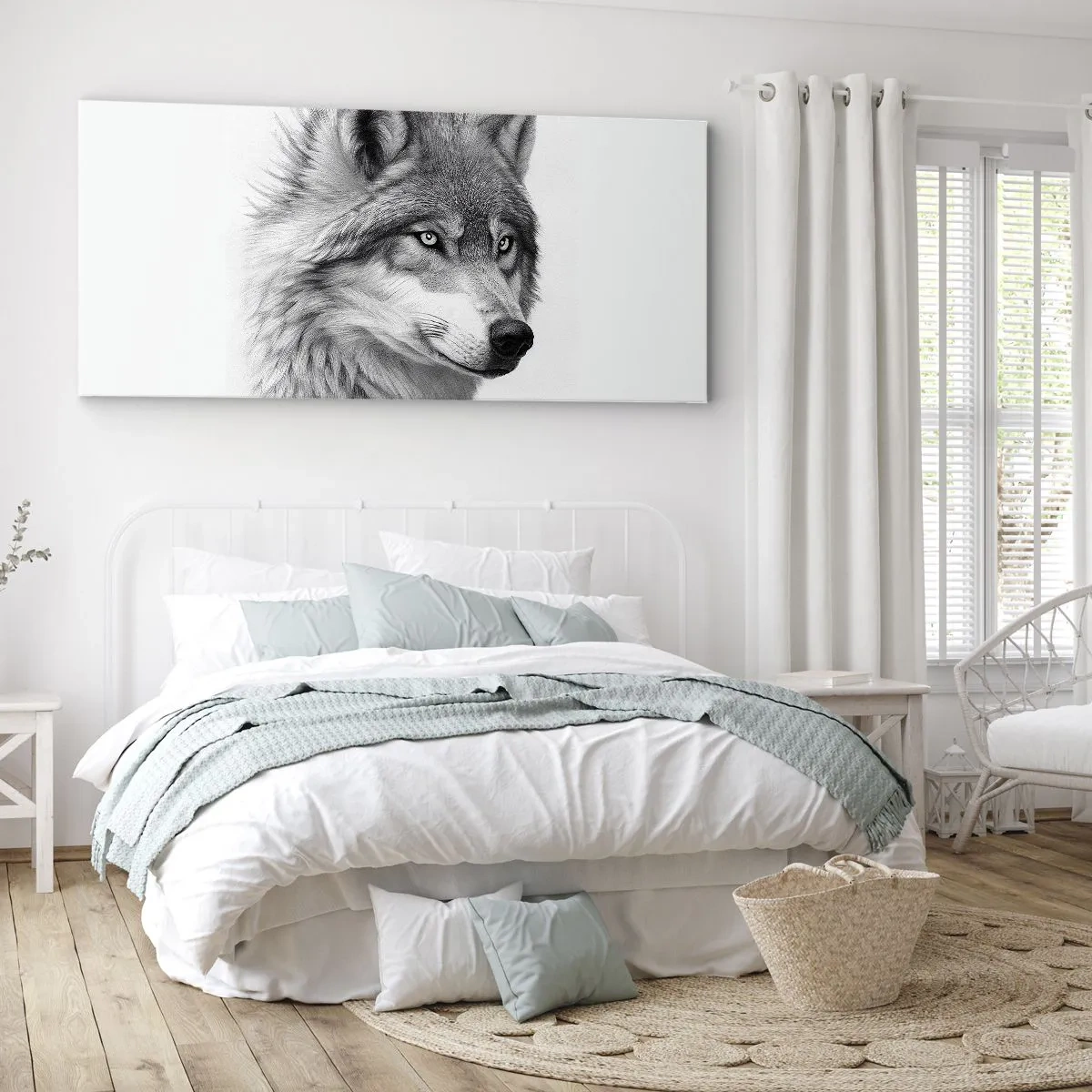 Bild auf Leinwand - Leinwandbild - Ein realistisches Porträt eines Wolfes in Grautönen. - 120x50cm - Alpha – ohne Zweifel - Moderne Wanddekoration für Wohnzimmer und Schlafzimmer ARTTOR