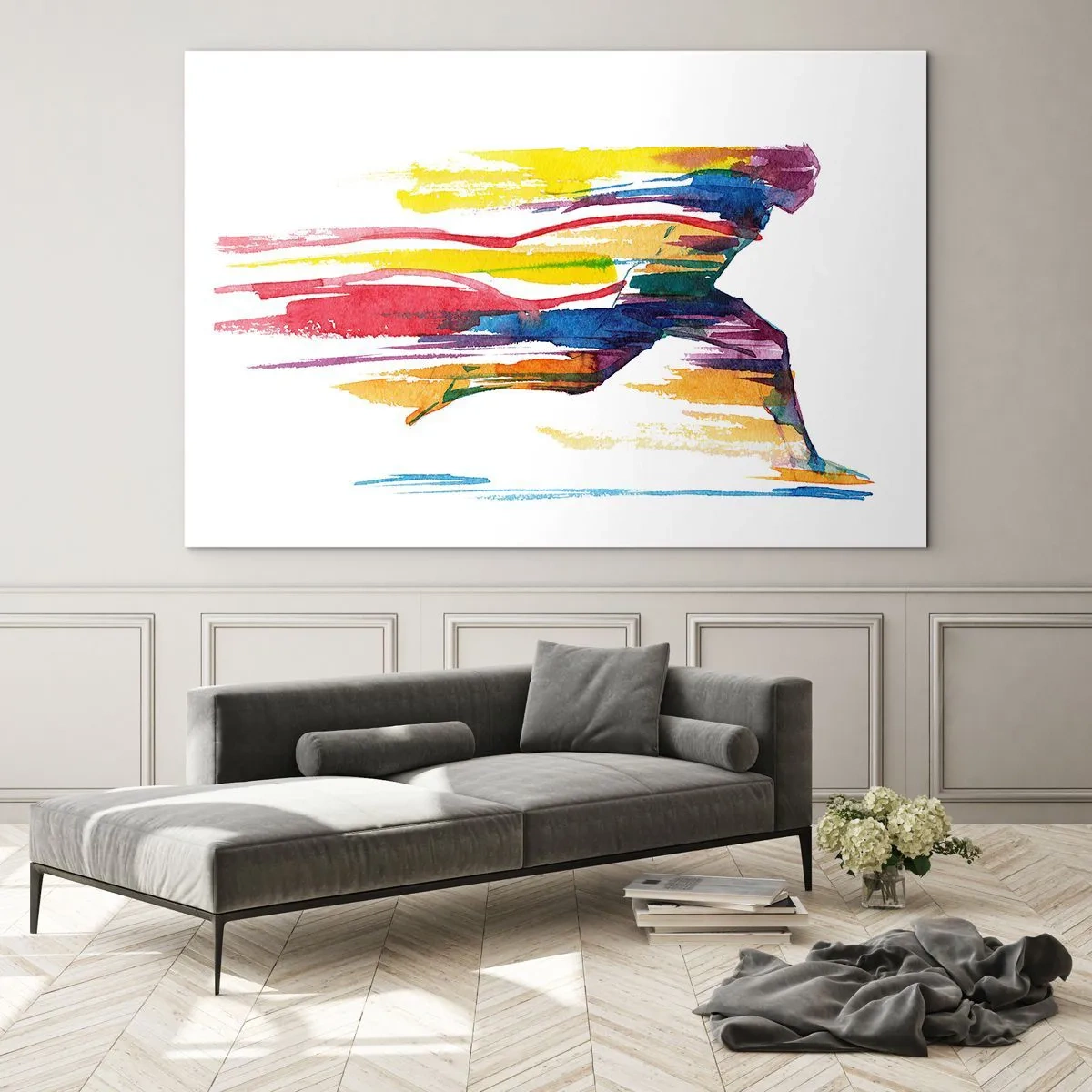 Glasbild - Bild auf glas - Abstrakte Silhouette eines Läufers in dynamischen Farben - 120x80cm - Über den Regenbogen laufen - Moderne Wanddekoration für Wohnzimmer und Schlafzimmer ARTTOR