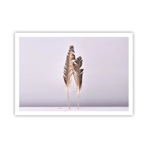 Poster - Zarte Federn auf hellem Untergrund im minimalistischen Stil - 100x70cm - Gegen das Nichts - Moderne Wanddekoration für Wohnzimmer und Schlafzimmer ARTTOR