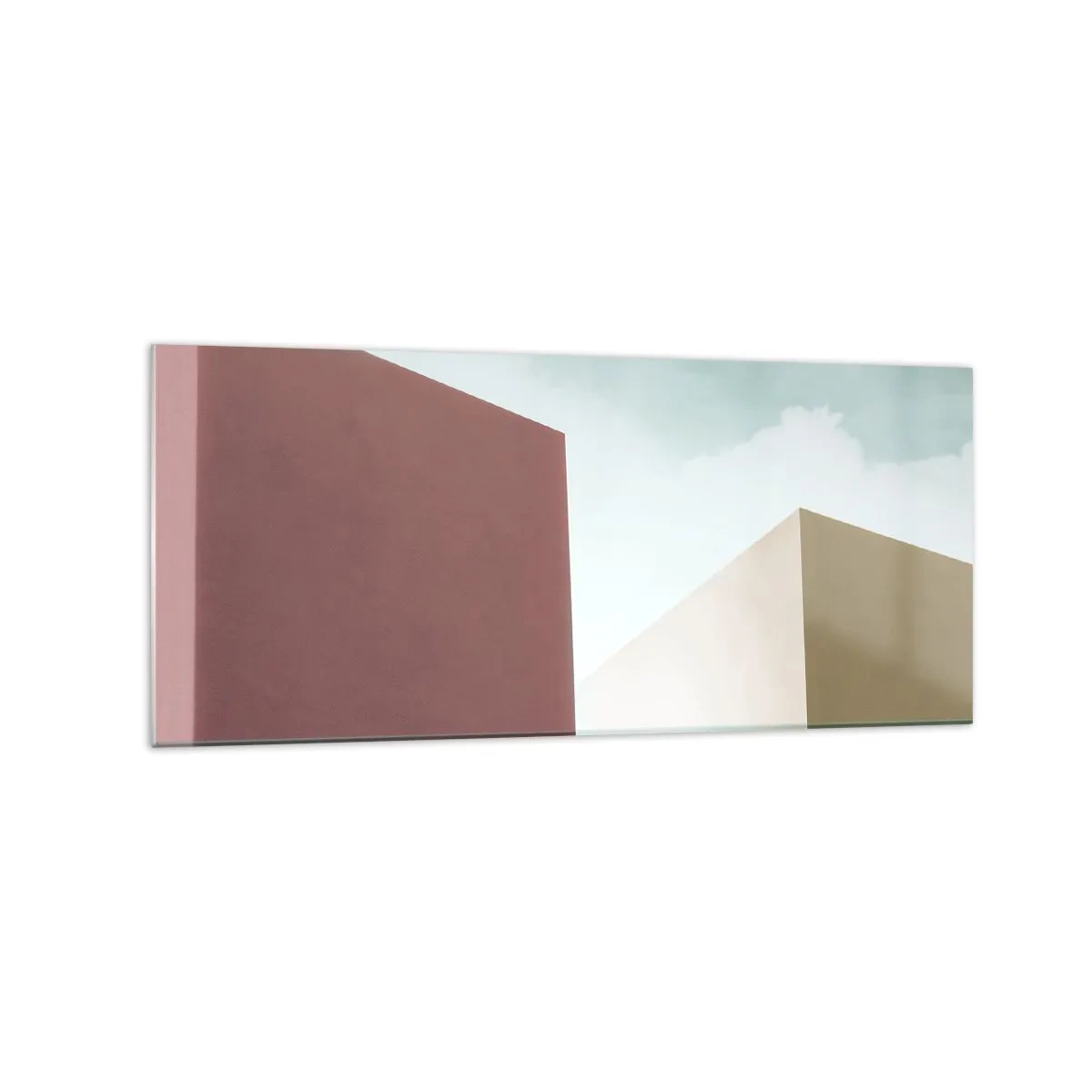 Glasbild - Bild auf glas - Minimalistische Architektur mit pastellfarbenen Blöcken und Himmel - 120x50cm - Geometrie des sonnigen Sommers - Moderne Wanddekoration für Wohnzimmer und Schlafzimmer ARTTOR