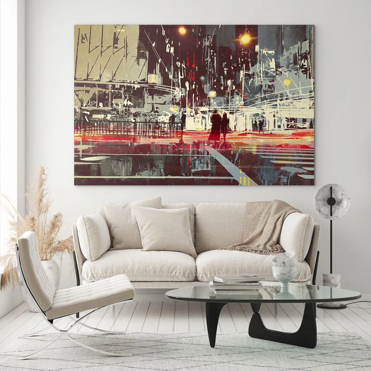 Glasbild - Bild auf glas - Nachtstadtbild mit Neonlichtern und Silhouetten von Passanten - 120x80cm - Eine große Stadtüberquerung - Moderne Wanddekoration für Wohnzimmer und Schlafzimmer ARTTOR