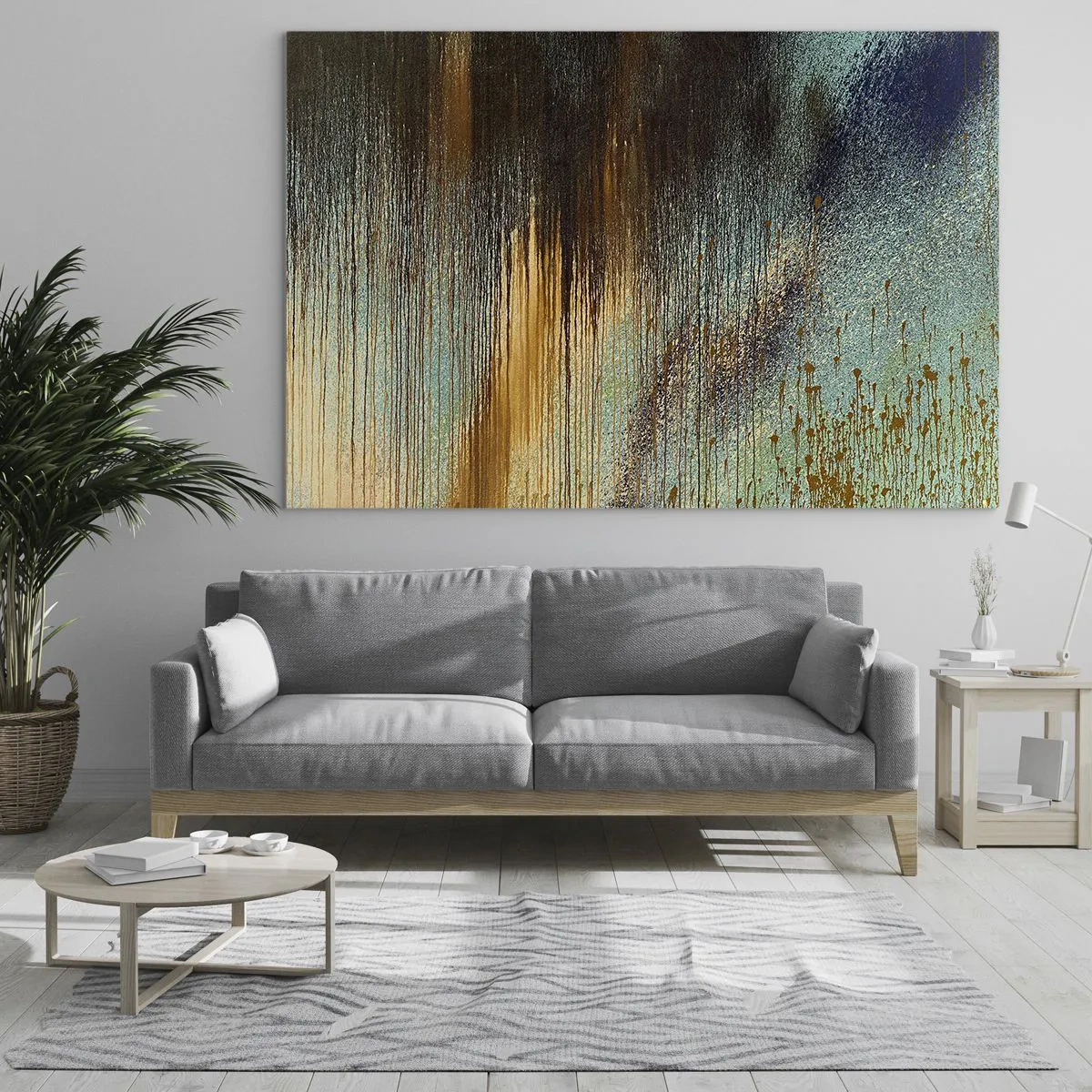 Glasbild - Bild auf glas - Abstrakte Linien und Punkte in Gold, Blau und Schwarz - 70x50cm - Eine nicht zufällige farbenfrohe Komposition - Moderne Wanddekoration für Wohnzimmer und Schlafzimmer ARTTOR