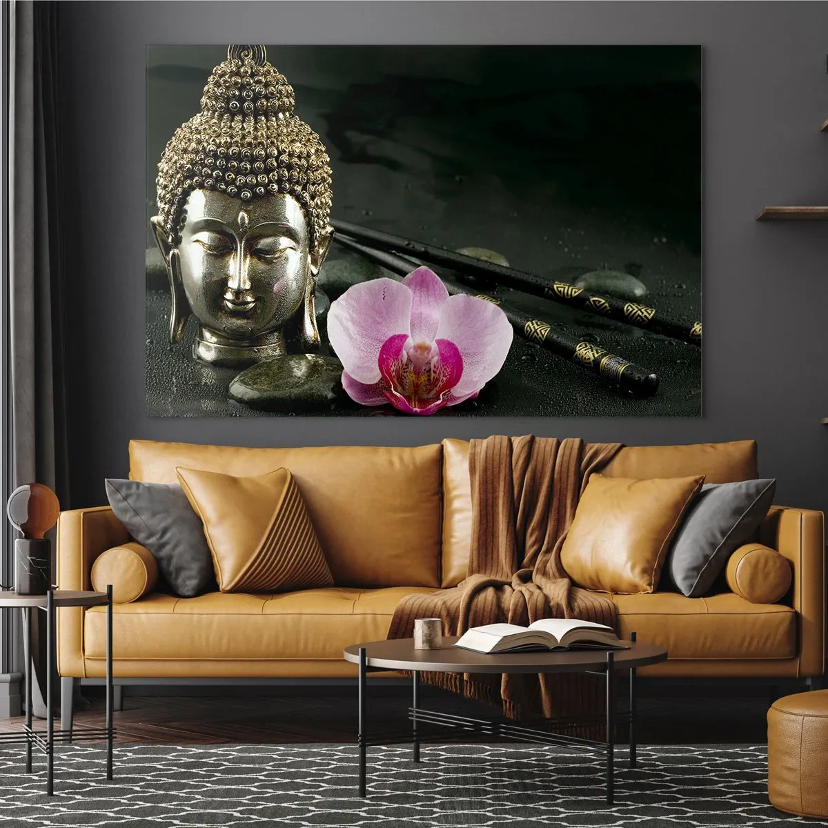 Glasbild - Bild auf glas - Buddhistischer Kopf mit einer rosa Blume auf einem Hintergrund aus Steinen - 120x80cm - Harmonie von Weisheit und Schönheit - Moderne Wanddekoration für Wohnzimmer und Schlafzimmer ARTTOR