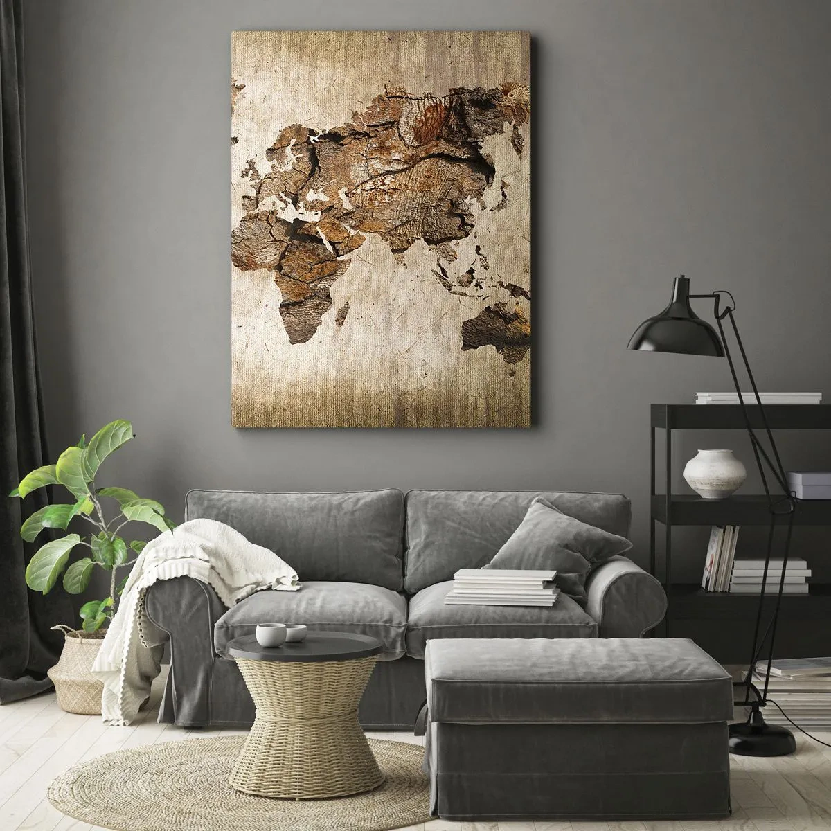 Bild auf Leinwand - Leinwandbild - Eine Weltkarte im rustikalen Holzstil - 70x100cm - Entdeckung der Welt - Moderne Wanddekoration für Wohnzimmer und Schlafzimmer ARTTOR