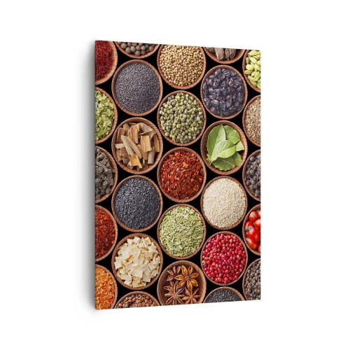 Bild auf Leinwand - Leinwandbild - Bunte Gewürze in runden Behältern - 70x100cm - Alle Aromen der Welt - Moderne Wanddekoration für Wohnzimmer und Schlafzimmer ARTTOR