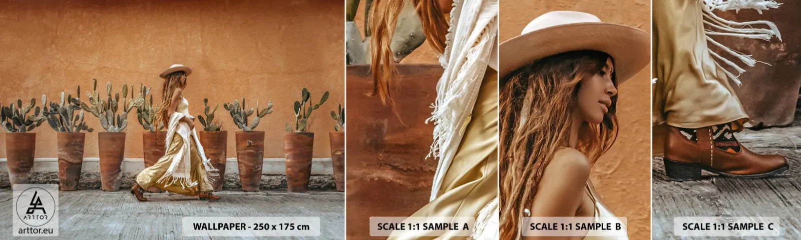 Fototapeten Muster Selbstklebend Deluxe Sticker - Hippie-Stil - Boho, Frau, Kakteen - 100x30 cm