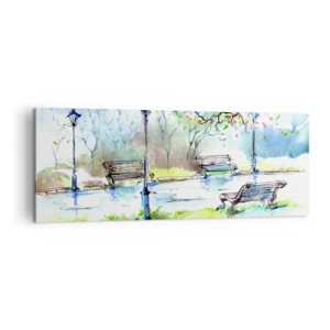 Bild auf Leinwand - Leinwandbild - Aquarell-Parkszene mit Bänken und Lampen - 140x50cm - Der Zauber der Stille des Parks - Moderne Wanddekoration für Wohnzimmer und Schlafzimmer ARTTOR