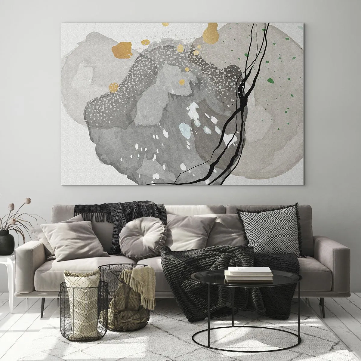 Glasbild - Bild auf glas - Organische Formen und Punkte in gedeckten Farben mit Details - 120x80cm - Organische Komposition - Moderne Wanddekoration für Wohnzimmer und Schlafzimmer ARTTOR