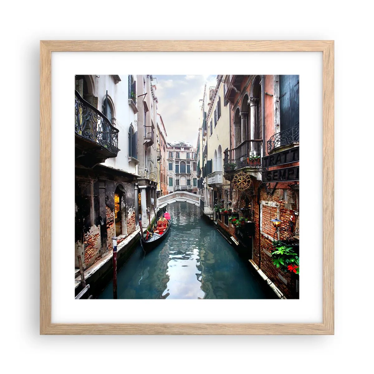 Poster in einem Rahmen aus heller Eiche - Venezianische Landschaft mit Gondel und Brücke - 40x40 cm
