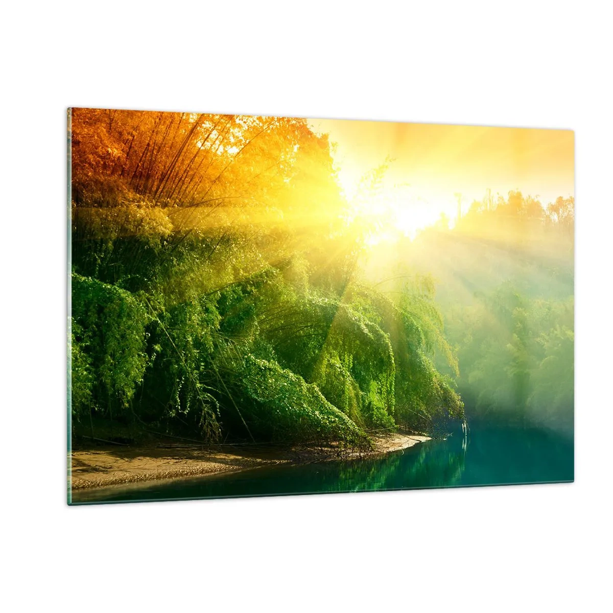 Glasbild - Bild auf glas - Sonnenstrahlen über der grünen Vegetation am Fluss - 120x80cm - In Sonne und Schatten ertrinken - Moderne Wanddekoration für Wohnzimmer und Schlafzimmer ARTTOR