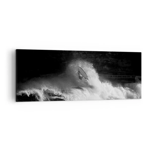 Bild auf Leinwand - Leinwandbild - Ein Surfer, der eine Welle reitet, in Monochrom - 140x50cm - Herausforderung angenommen! - Moderne Wanddekoration für Wohnzimmer und Schlafzimmer ARTTOR