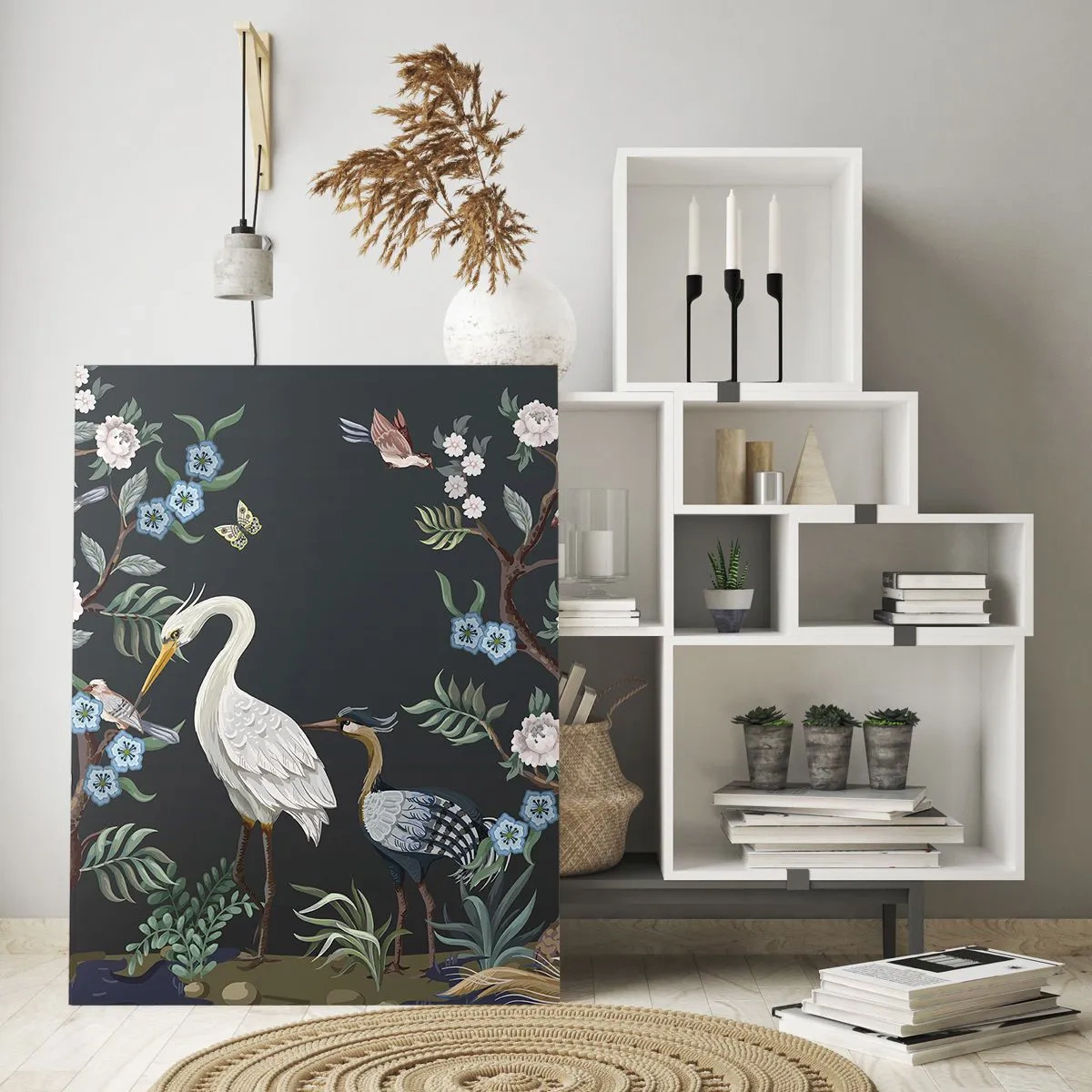 Glasbild - Bild auf glas - Bunte Vögel zwischen blühenden Zweigen vor dunklem Hintergrund - 50x70cm - Vogelparade - Moderne Wanddekoration für Wohnzimmer und Schlafzimmer ARTTOR