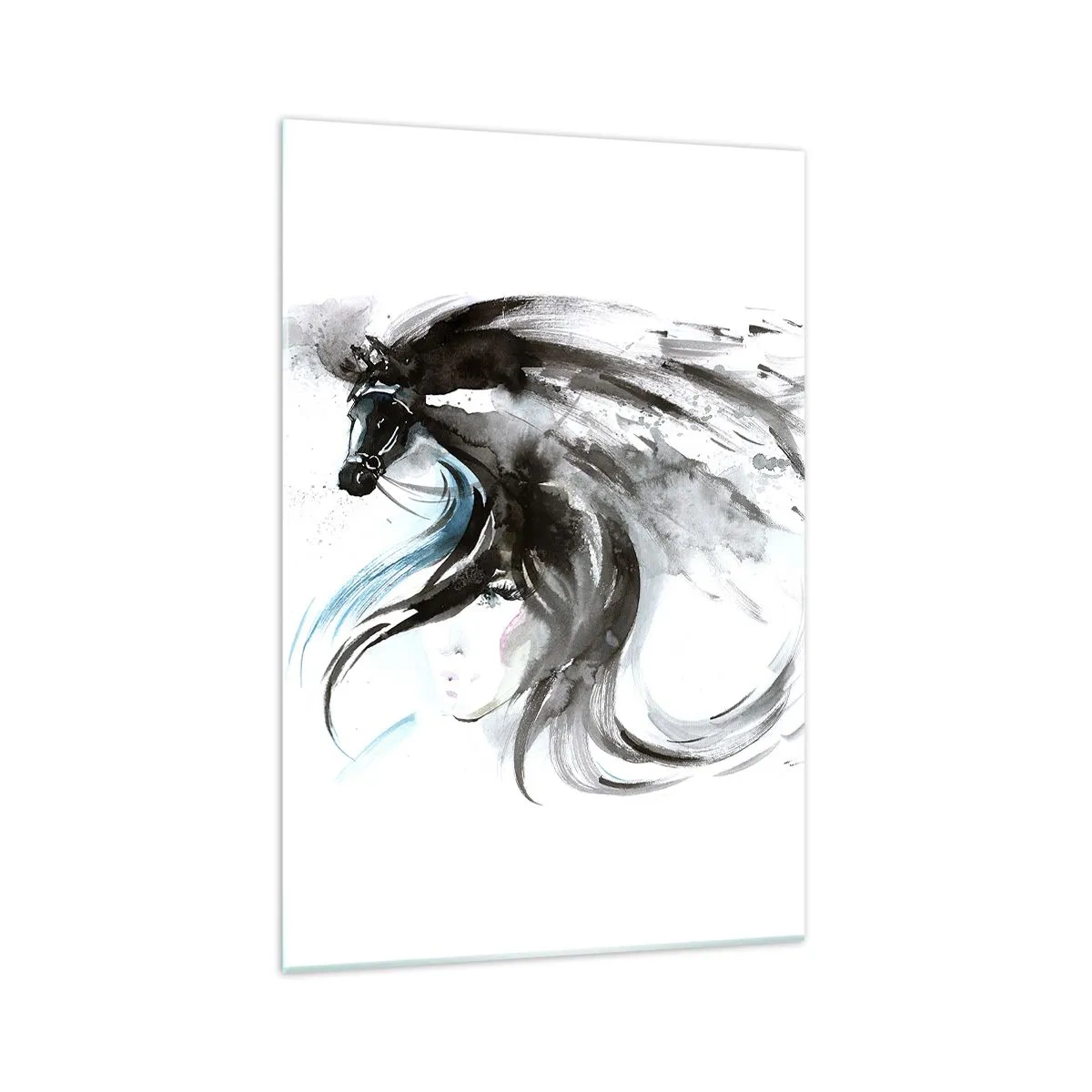 Glasbild - Bild auf glas - Eine Frau und ein Pferd in einem mystischen Aquarell voller Dynamik - 70x100cm - Schwarzer Prinz Galopp - Moderne Wanddekoration für Wohnzimmer und Schlafzimmer ARTTOR