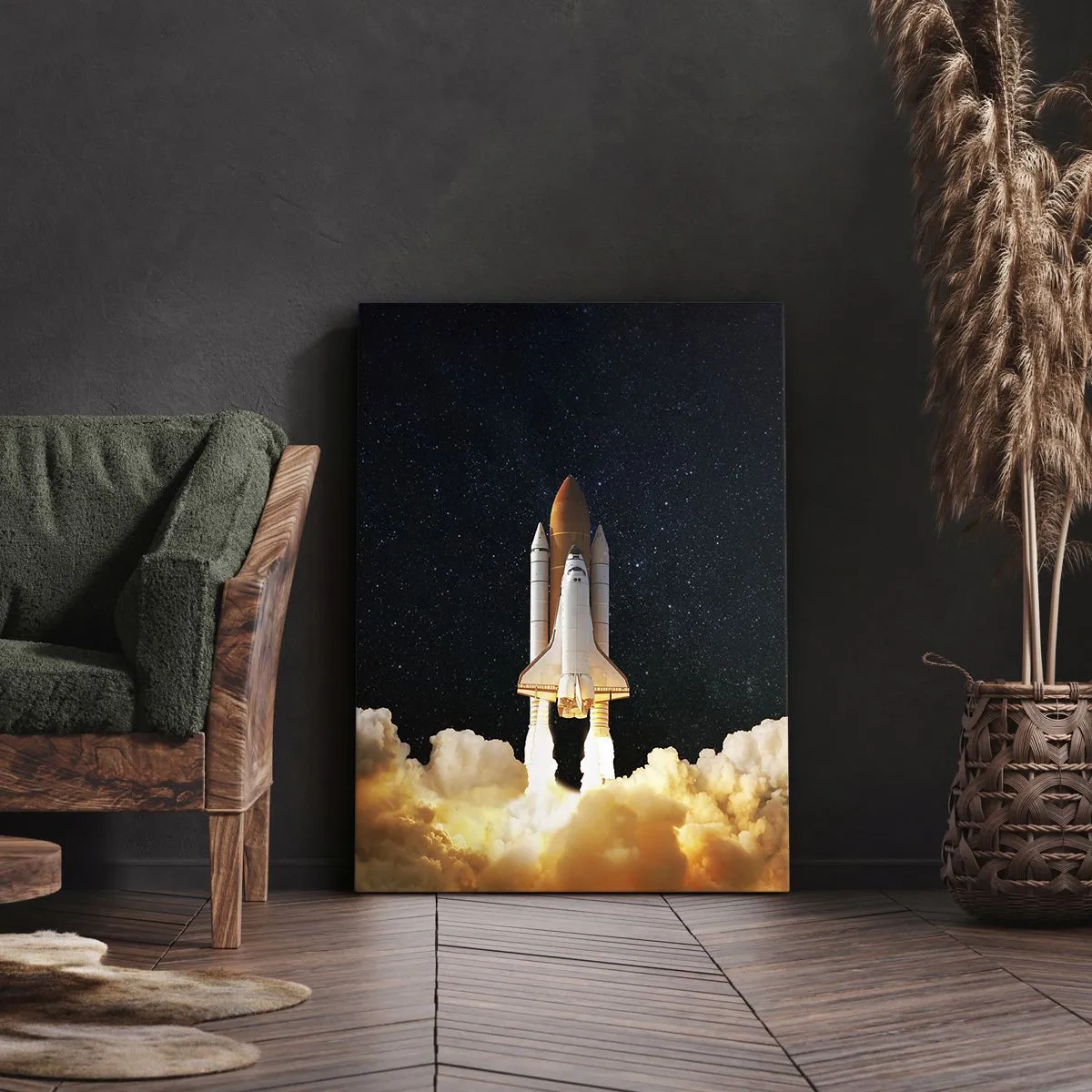 Bild auf Leinwand - Leinwandbild - Eine Weltraumrakete hebt vor dem Sternenhimmel ab - 50x70cm - Ad Astra! - Moderne Wanddekoration für Wohnzimmer und Schlafzimmer ARTTOR