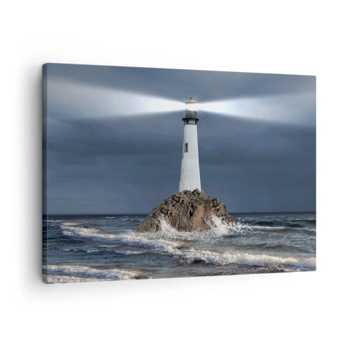 Bild auf Leinwand - Leinwandbild - Ein Leuchtturm auf einem Felsen, umgeben von stürmischer See - 70x50cm - Hier... hier... hier! - Moderne Wanddekoration für Wohnzimmer und Schlafzimmer ARTTOR