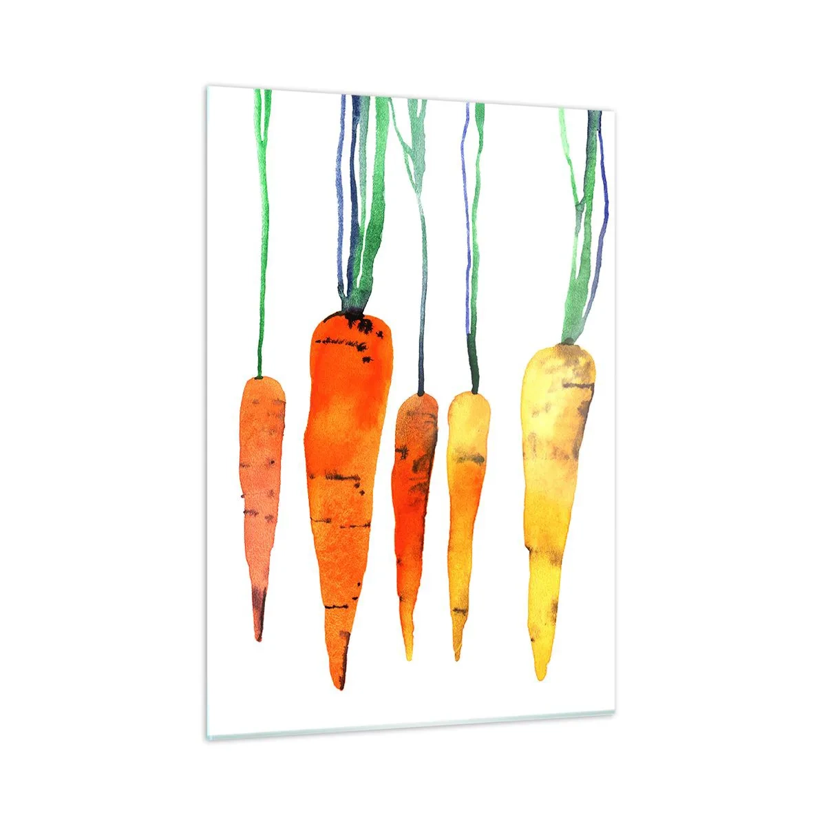 Glasbild - Bild auf glas - Aquarell-Karotten in verschiedenen Orangetönen mit grünen Stielen - 50x70cm - Die Schönheit des Gewöhnlichen - Moderne Wanddekoration für Wohnzimmer und Schlafzimmer ARTTOR