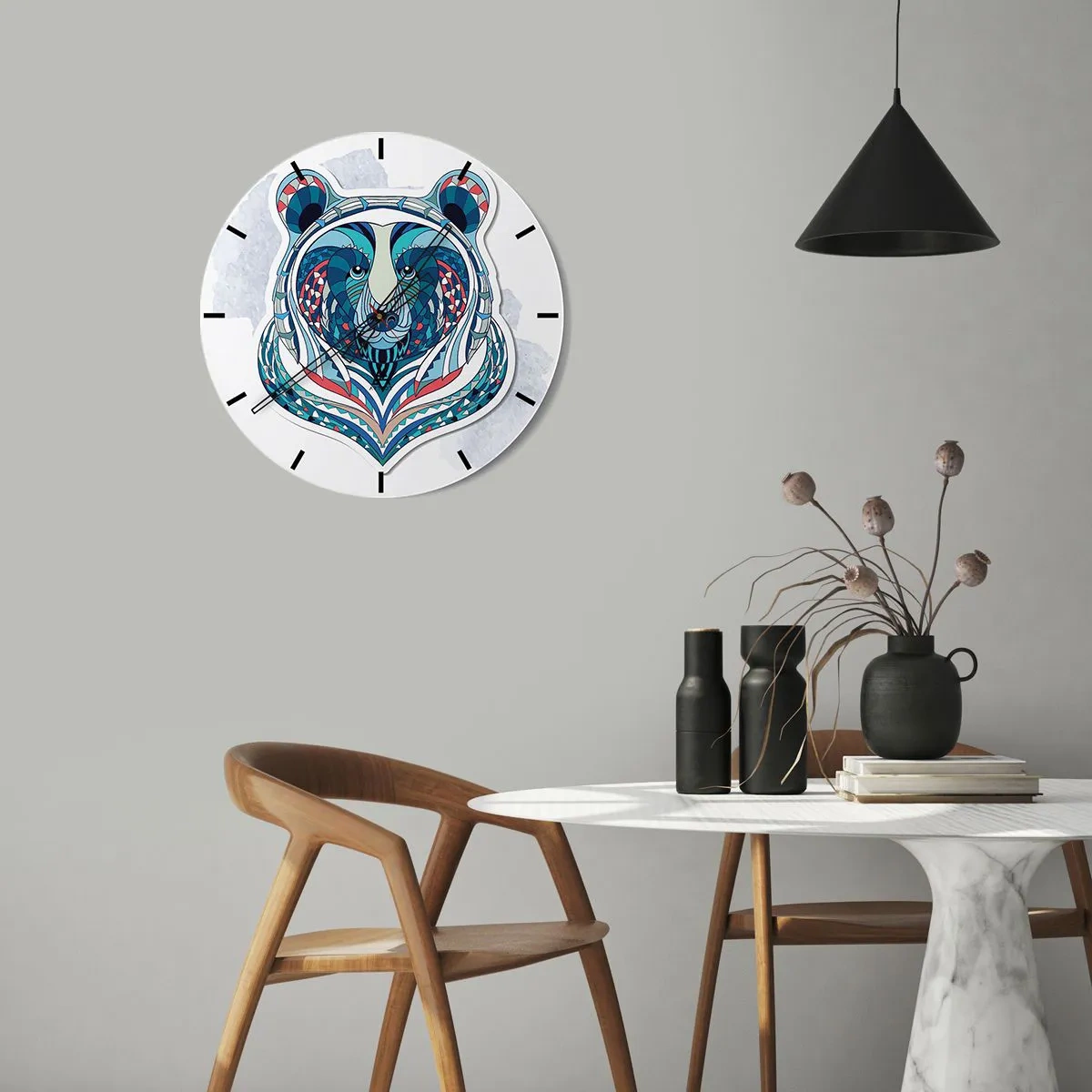Wanduhr - Glasuhr - Bunter Bär im geometrischen Stil auf weißem Hintergrund - 30x30cm - Eviva Grönland! - Moderne Wanddekoration für Wohnzimmer, Küche und Schlafzimmer ARTTOR