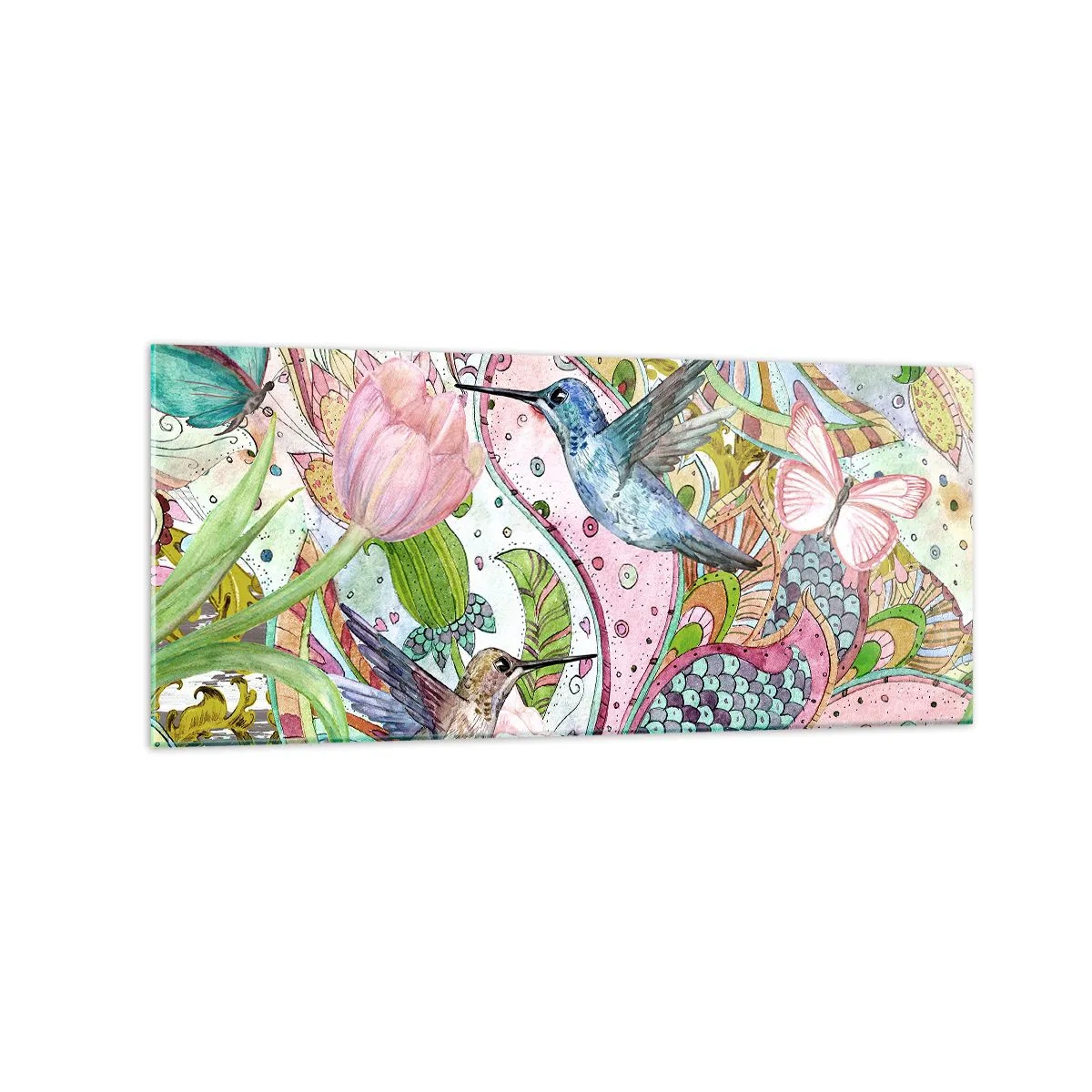 Glasbild - Bild auf glas - Bunte Kolibris und Schmetterlinge zwischen den Pflanzen - 120x50cm - Verstrickt in Weinreben - Moderne Wanddekoration für Wohnzimmer und Schlafzimmer ARTTOR