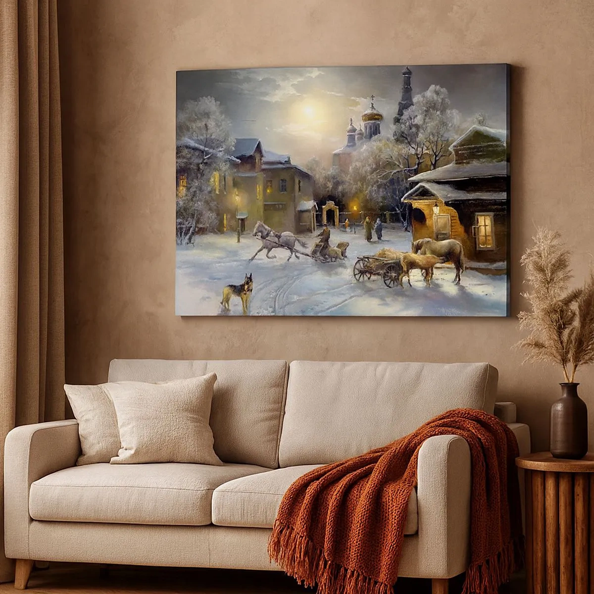 Bild auf Leinwand - Leinwandbild - Winterlandschaft in einer russischen Stadt mit Schlitten und Kirche - 70x50cm - Die Magie des russischen Winters - Moderne Wanddekoration für Wohnzimmer und Schlafzimmer ARTTOR