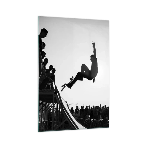 Glasbild - Bild auf glas - Schwarz-weiße Skateboardszene auf einer Rampe - 70x100cm - Helden und Zuschauer - Moderne Wanddekoration für Wohnzimmer und Schlafzimmer ARTTOR