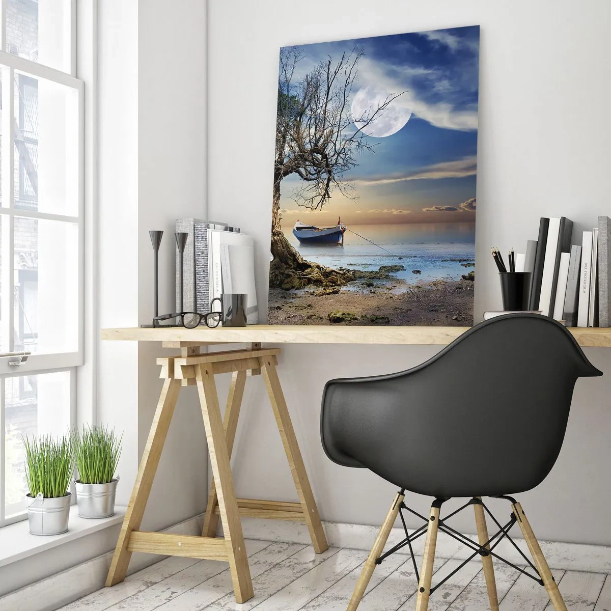 Glasbild - Bild auf glas - Ein einsames Boot neben einem Baum vor dem Hintergrund des Mondes - 50x70cm - Ist das das Ende oder der Anfang? - Moderne Wanddekoration für Wohnzimmer und Schlafzimmer ARTTOR