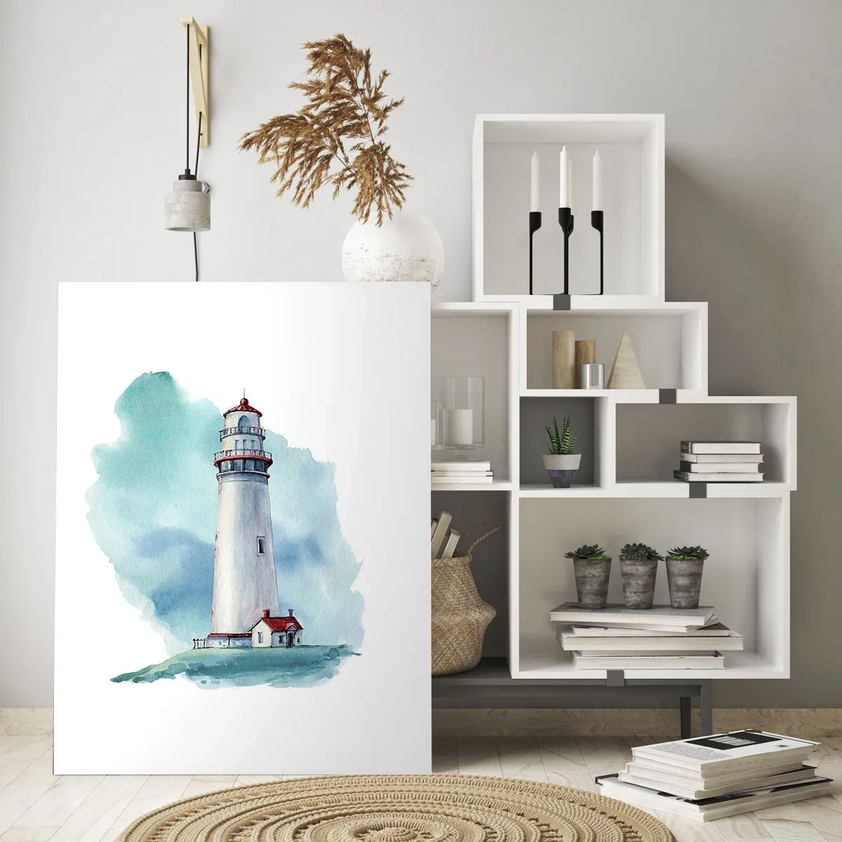Glasbild - Bild auf glas - Ein Leuchtturm vor einem aquarellblauen Hintergrund - 70x100cm - Sanfte Schwester vom Blau - Moderne Wanddekoration für Wohnzimmer und Schlafzimmer ARTTOR
