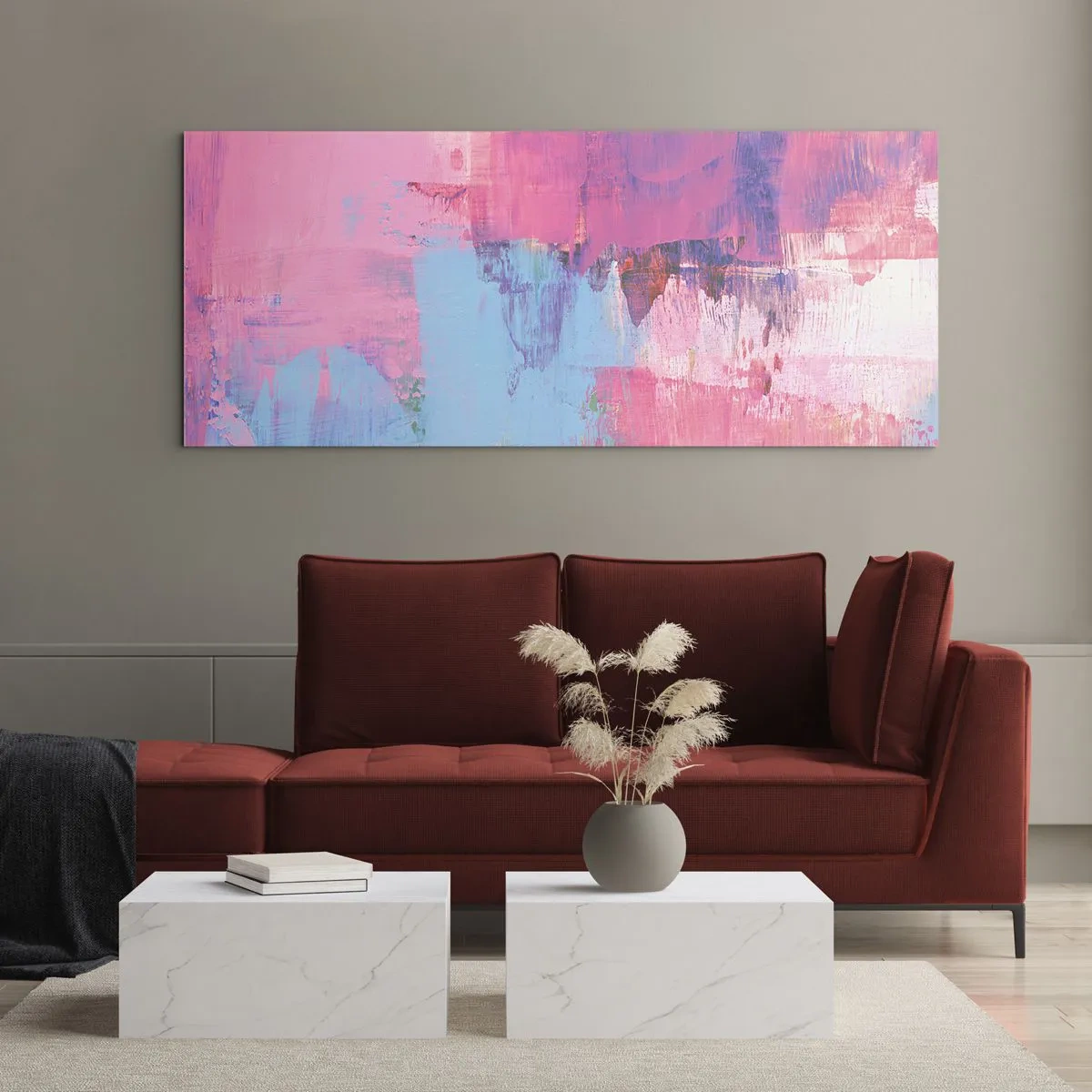 Glasbild - Bild auf glas - Abstrakte Komposition in Pink und Blau - 140x50cm - Rosa, Blau und eine Prise Licht - Moderne Wanddekoration für Wohnzimmer und Schlafzimmer ARTTOR