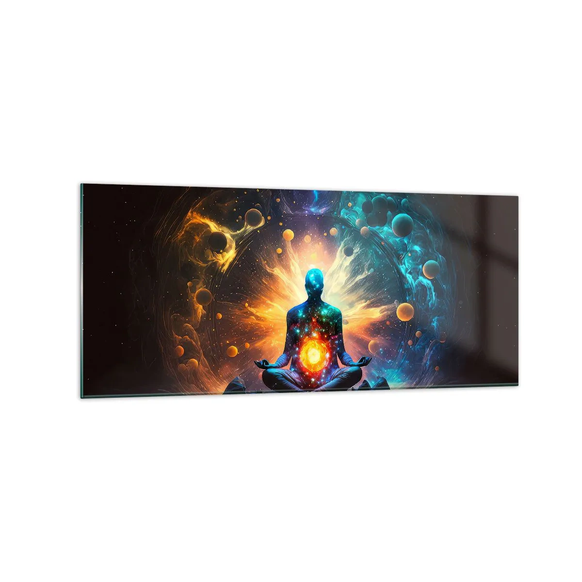 Glasbild - Bild auf glas - Eine meditierende Figur, umgeben von einer kosmischen Aura - 120x50cm - Kosmischer Frieden - Moderne Wanddekoration für Wohnzimmer und Schlafzimmer ARTTOR