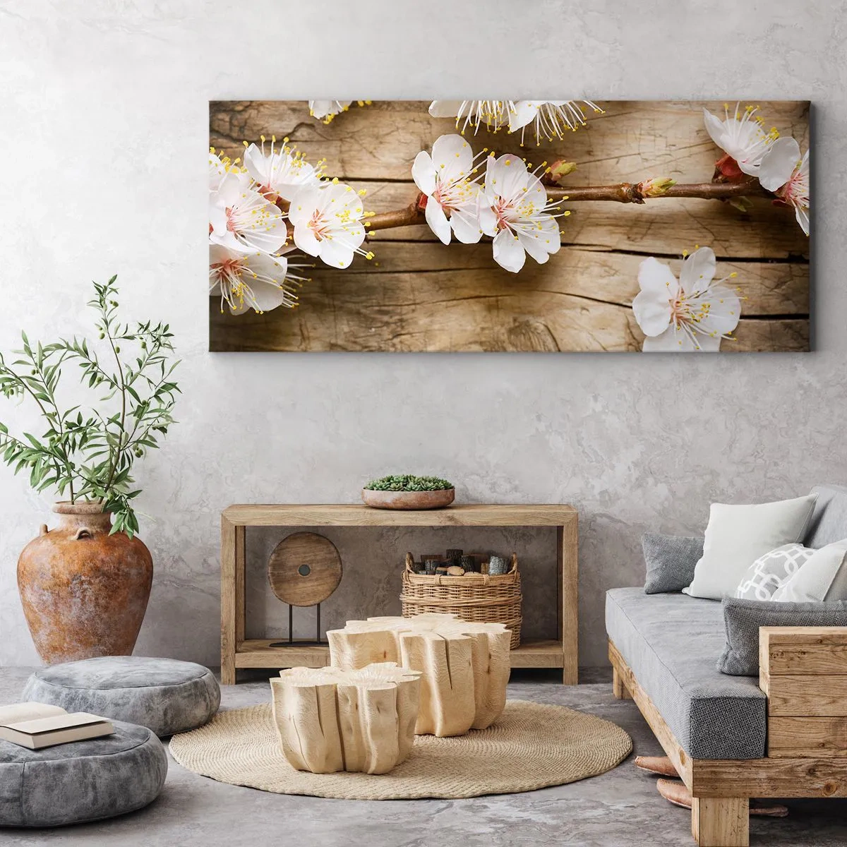 Bild auf Leinwand - Leinwandbild - Zweige blühender Kirschbäume auf einem Holzbretthintergrund - 160x50cm - Und es war Frühling - Moderne Wanddekoration für Wohnzimmer und Schlafzimmer ARTTOR