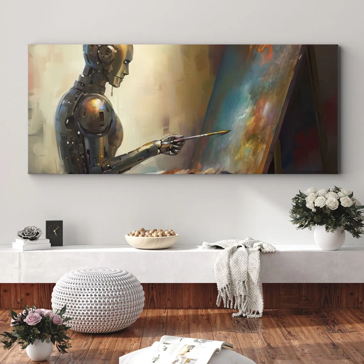 Bild auf Leinwand - Leinwandbild - Ein Roboter, der im künstlerischen Stil auf einer Leinwand malt - 160x50cm - Die Kunst der Zukunft - Moderne Wanddekoration für Wohnzimmer und Schlafzimmer ARTTOR