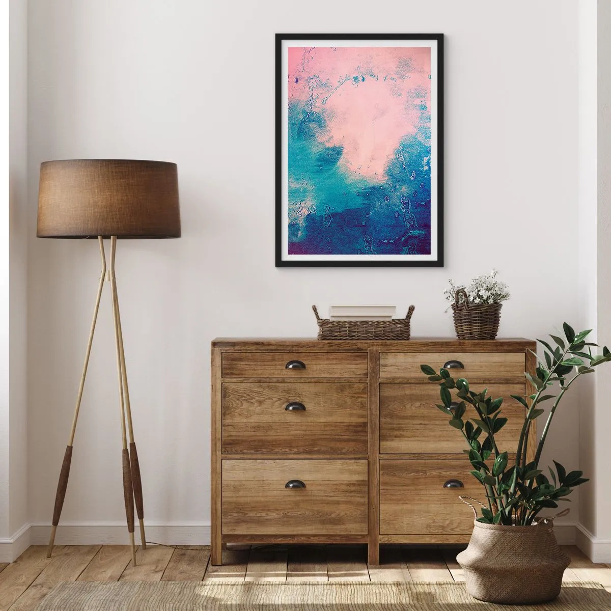 Poster in einem schwarzem Rahmen - Abstrakte Komposition in Blau und Rosa - 50x70cm - Himmelsblaue Umarmungen - Moderne Wanddekoration für Wohnzimmer und Schlafzimmer ARTTOR