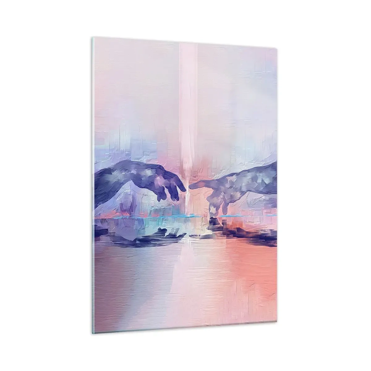 Glasbild - Bild auf glas - Abstrakte Hände nähern sich einander vor einem pastellfarbenen Hintergrund. - 50x70cm - Göttlicher Funke des Lebens - Moderne Wanddekoration für Wohnzimmer und Schlafzimmer ARTTOR