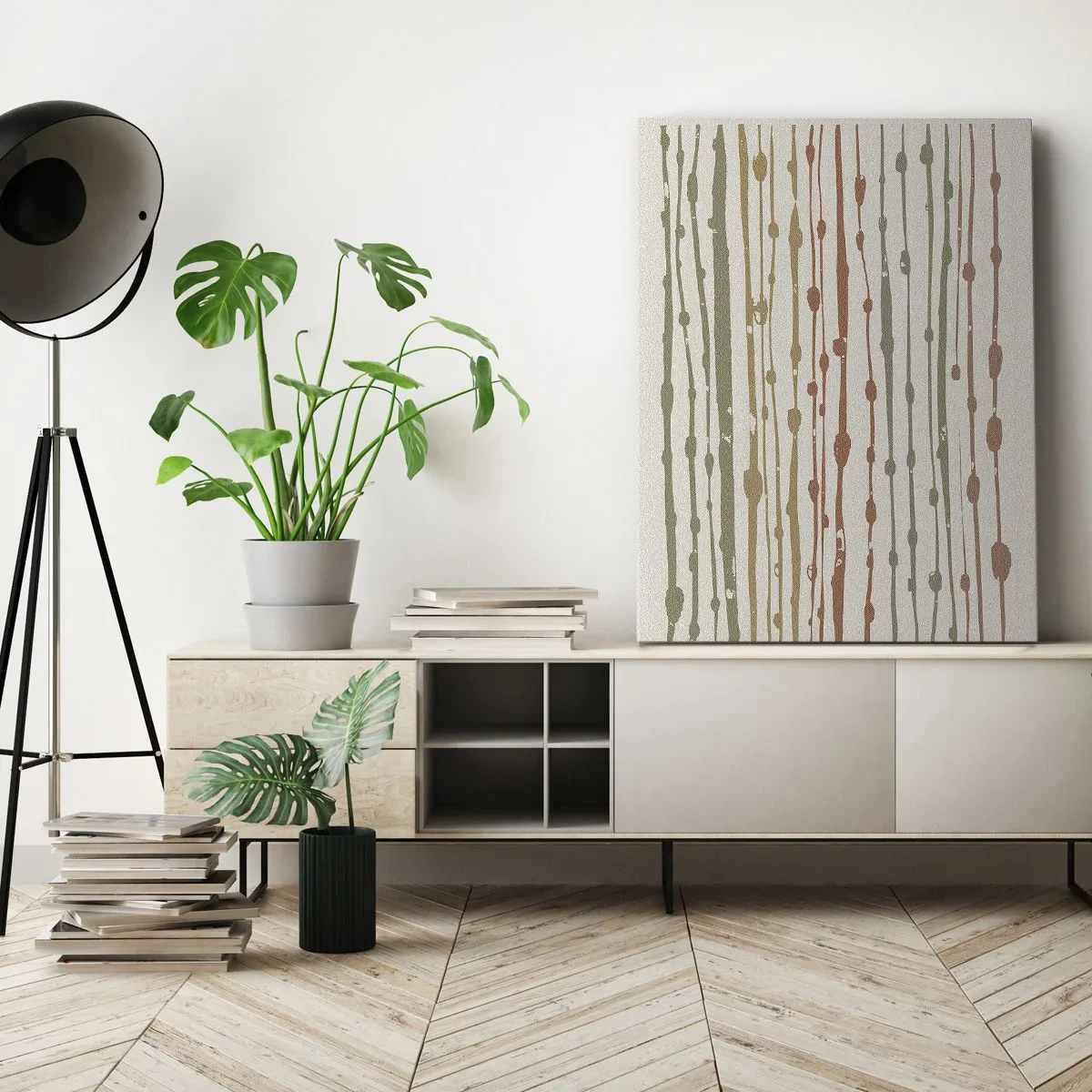 Bild auf Leinwand - Leinwandbild - Ein Linienmuster in warmen Farbtönen auf hellem Hintergrund - 80x120cm - Musikalische Notation von Farben - Moderne Wanddekoration für Wohnzimmer und Schlafzimmer ARTTOR