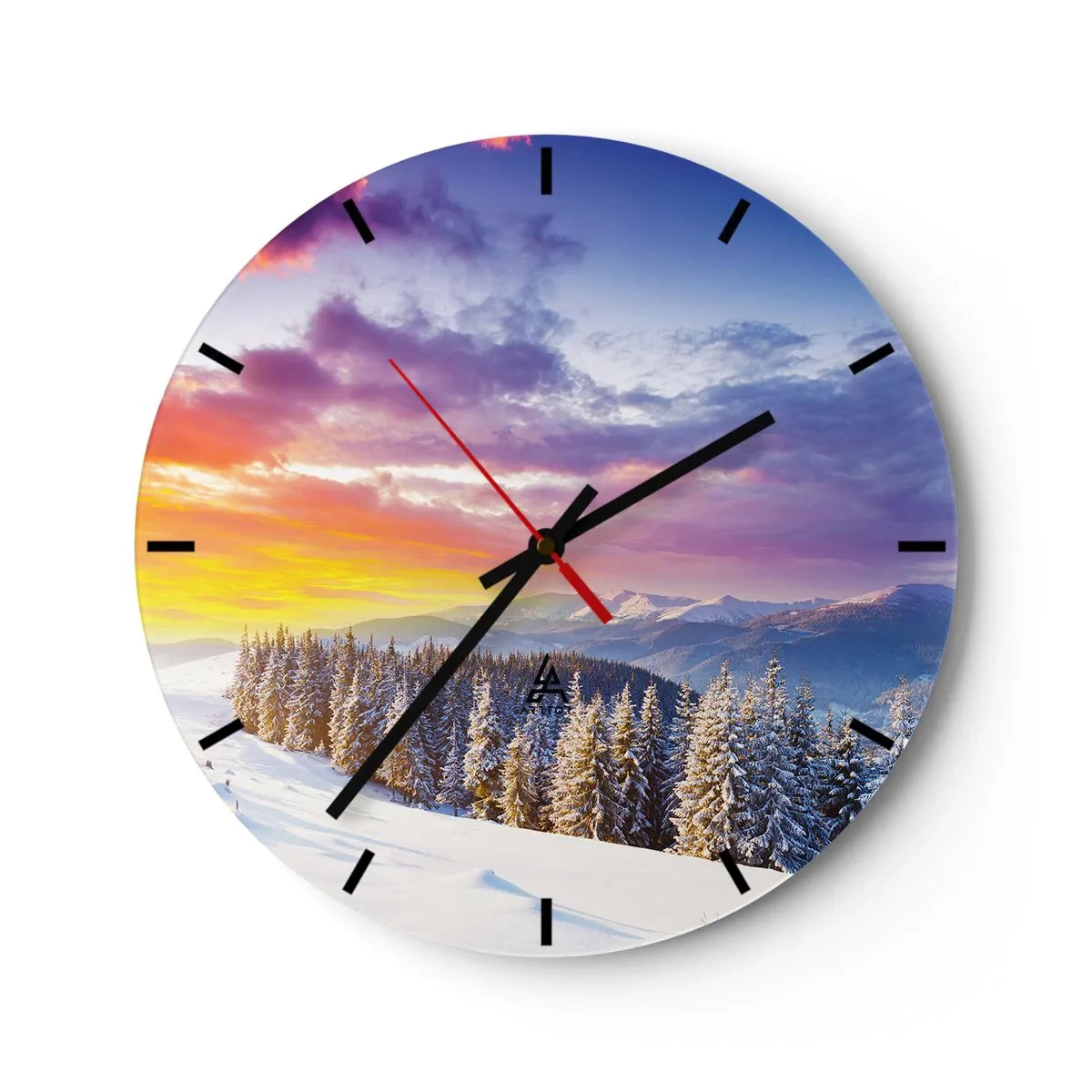 Wanduhr - Glasuhr - Zifferblatt mit Winterlandschaft und untergehender Sonne - 30x30cm - Am helllichten Tag - Moderne Wanddekoration für Wohnzimmer, Küche und Schlafzimmer ARTTOR