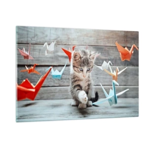 Glasbild - Bild auf glas - Eine Katze spielt mit bunten Origami-Kranichen - 120x80cm - Erste Stunde - Moderne Wanddekoration für Wohnzimmer und Schlafzimmer ARTTOR