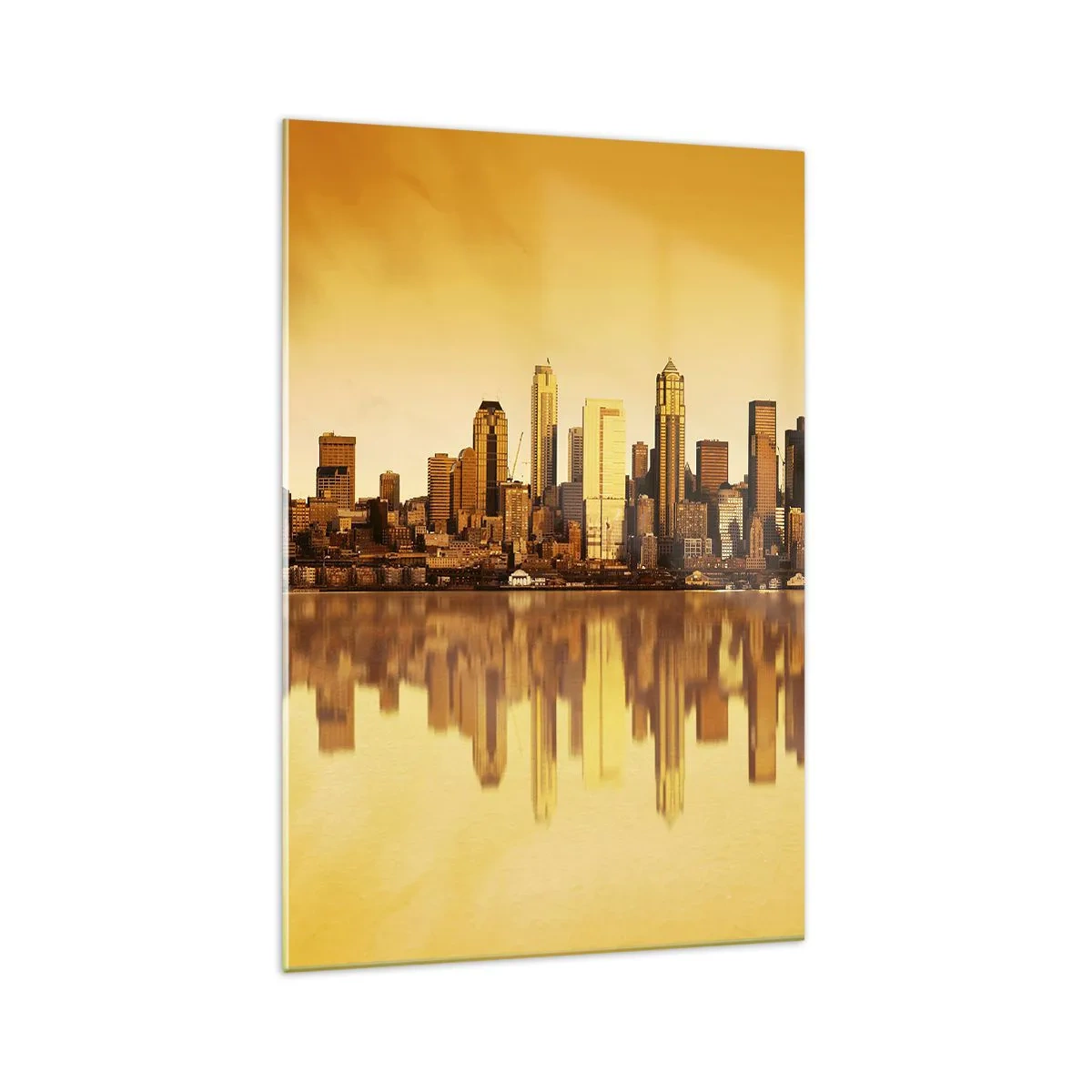 Glasbild - Bild auf glas - Stadtpanorama spiegelt sich im Wasser bei Sonnenuntergang - 70x100cm - Die Stille der Metropole - Moderne Wanddekoration für Wohnzimmer und Schlafzimmer ARTTOR